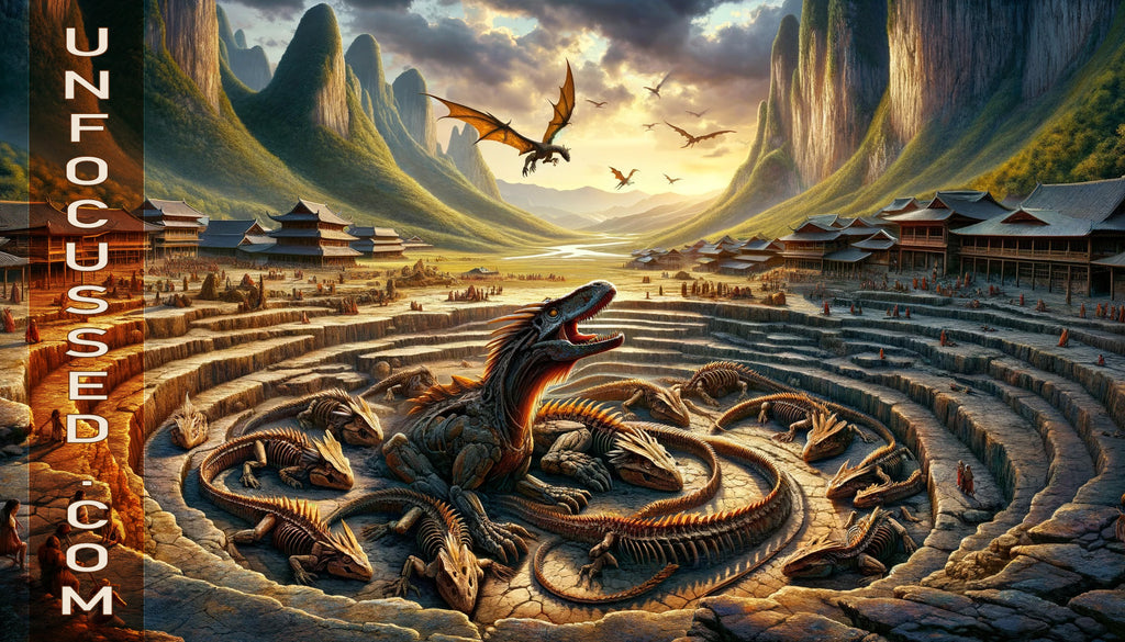 Paysage antique avec des fossiles de dinosaures exposés