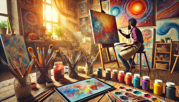 Creative workspace with tools of art
