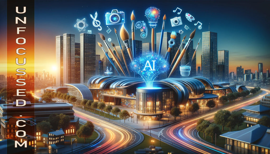 Futuristic cityscape with AI and creativity symbols