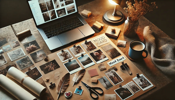 Tablero de estado de ánimo lleno de ideas de personajes y notas adhesivas.