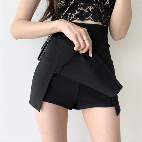 Woman touching her open miniskirt to show how soft and comfortable it is