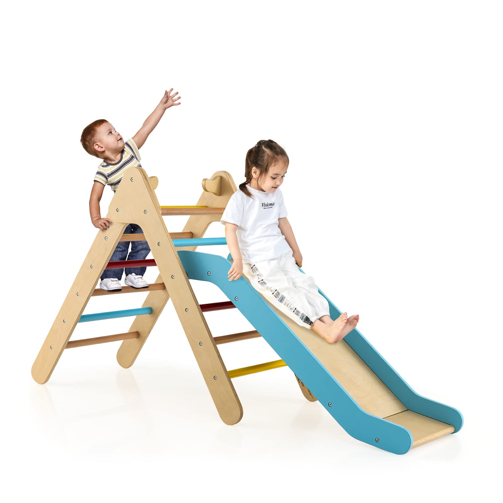 OLAKIDS Toddlers Triangle Climber, 2 in 1 Montessori Kids Wood Climbing Toy, Baby Climb Play Structure Activity Set