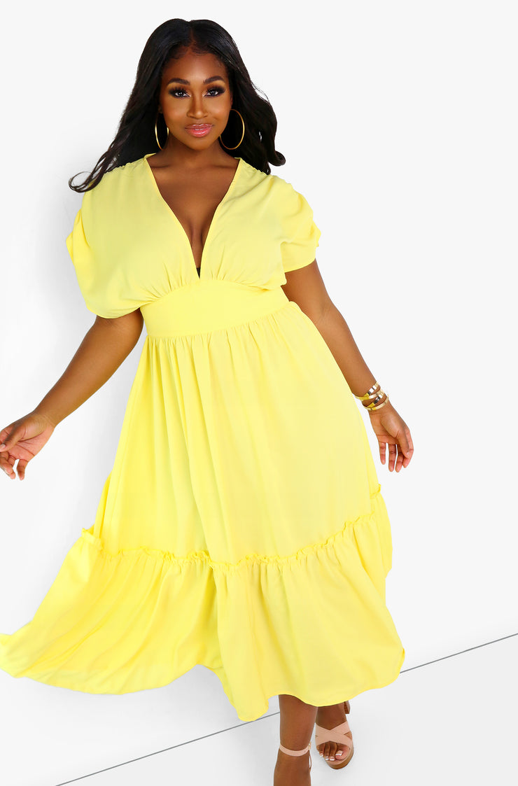 yellow plunge maxi dress