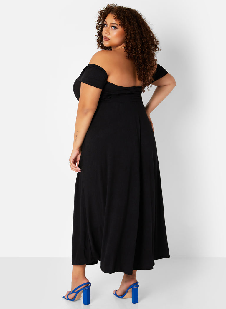 Black Hello There Off Shoulder Maxi Skater Dress Plus Sizes