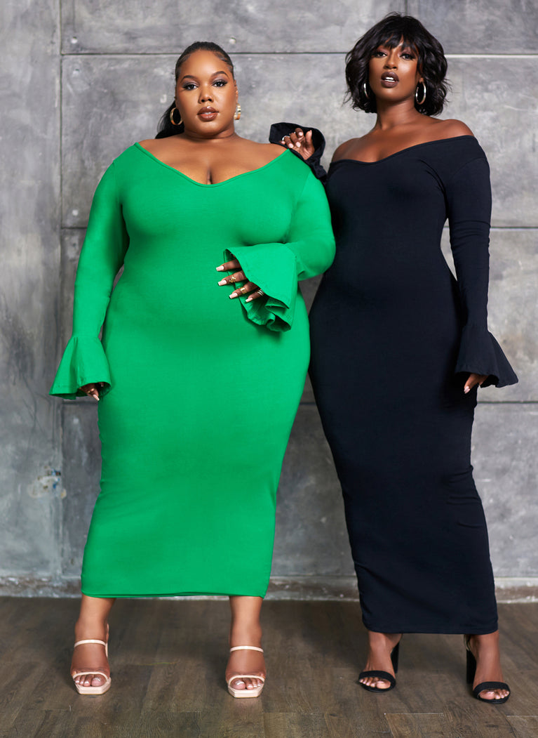 Green Essential Off The Shoulder Bell Sleeve Maxi Bodycon Dress Plus Sizes