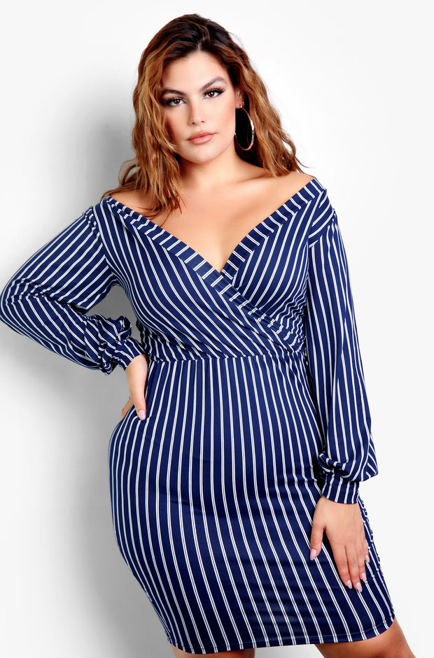 navy blue and white striped dress plus size