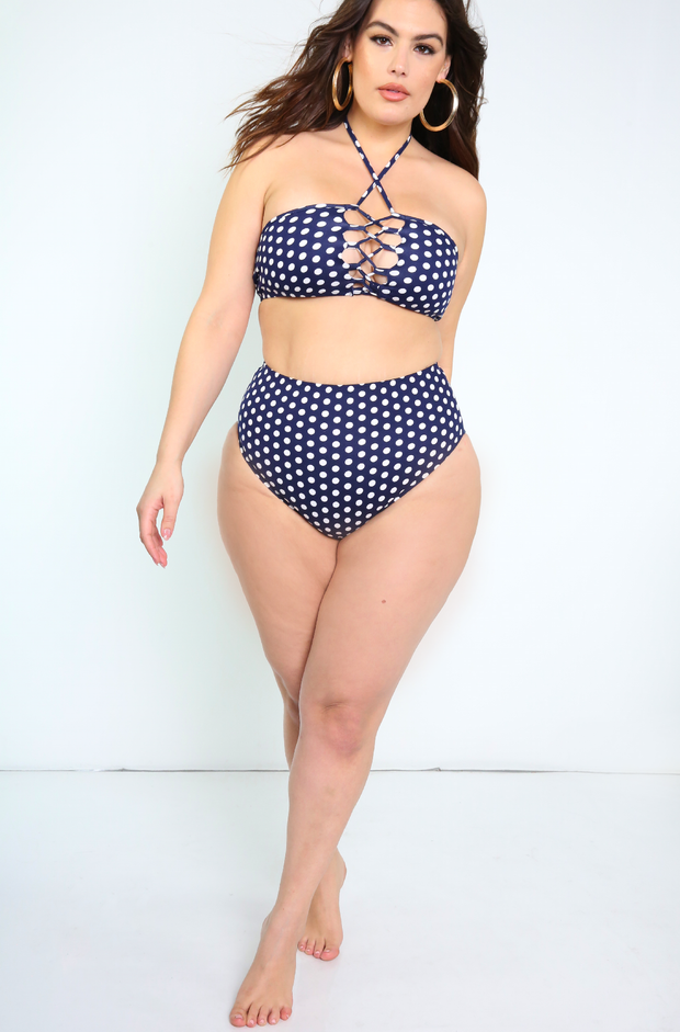 navy blue polka dot swimsuit