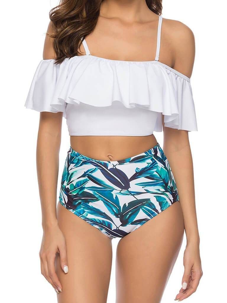 Printed High Waist Ruffle Off Shoulder Bikini Two Piece Swimsuit