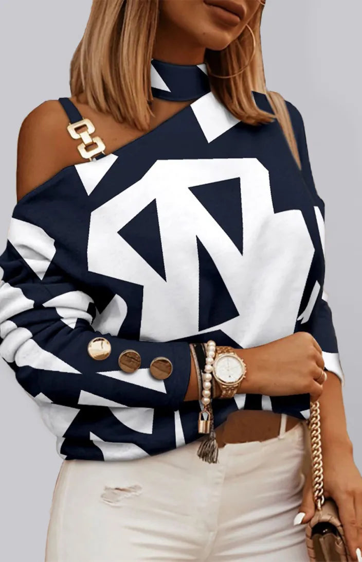 Check Geometric Pattern Print Long Sleeve Chain Halter Print Button Top