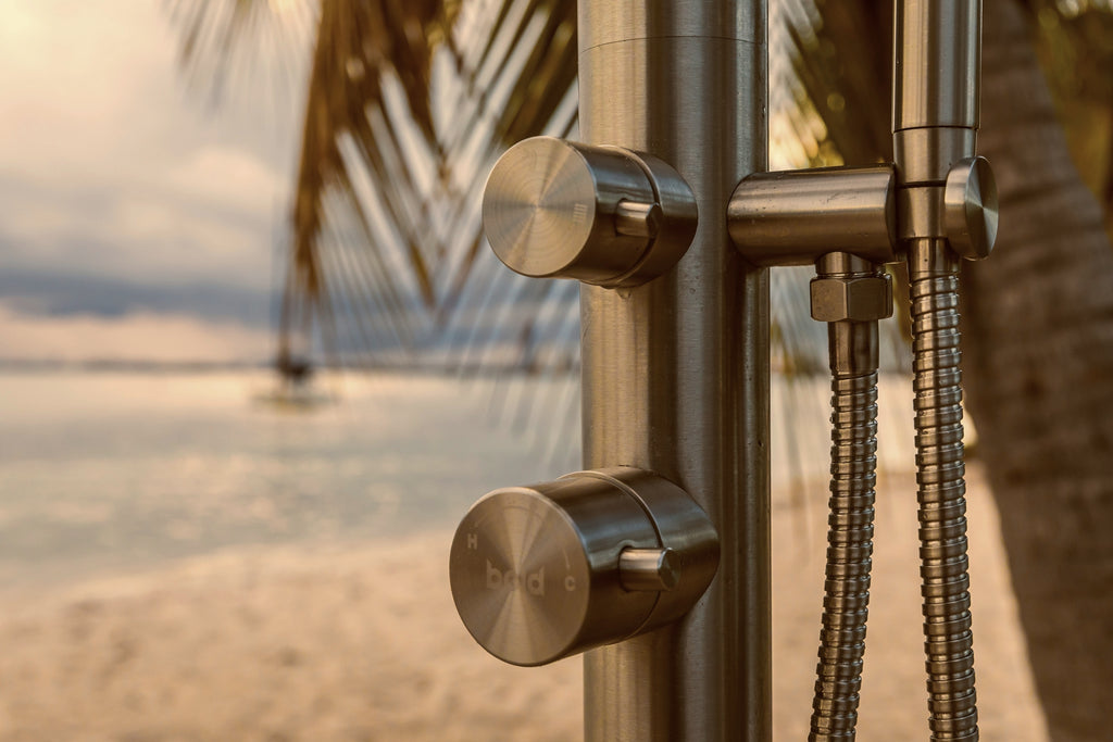 Bold outdoor shower triple function in brushed stainless steel finish