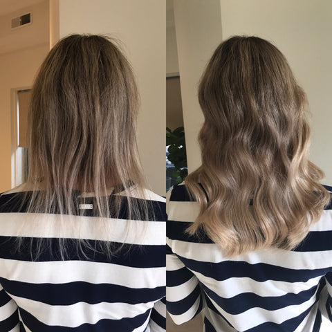 woman donning Beige Blonde + Dark Blonde 613/10 halo hair extensions