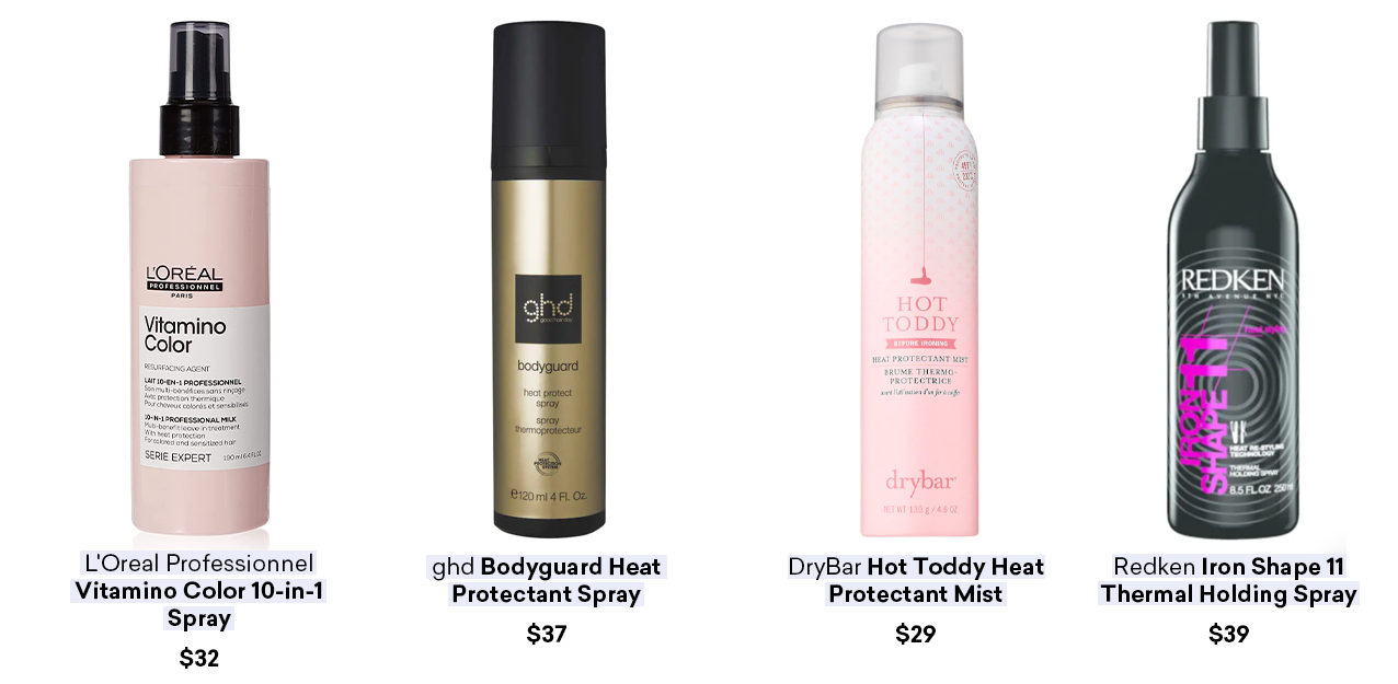 Four bottles of spray that detail how to use heat protectant spray