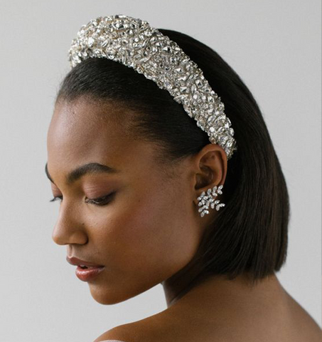 black woman with crystal headband styled as a bridesmaid hairstyle