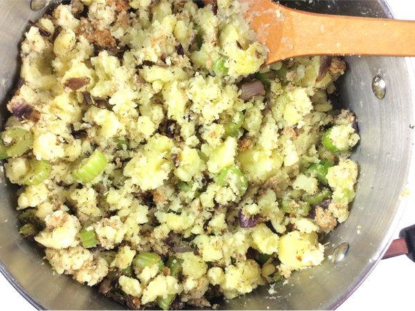 Savory Make Ahead Stuffing - this savory potato stuffing recipe is an old fashioned family recipe, updated with a few healthy twists