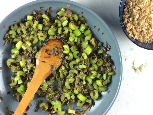 Savory Make Ahead Stuffing - this savory potato stuffing recipe is an old fashioned family recipe, updated with a few healthy twists