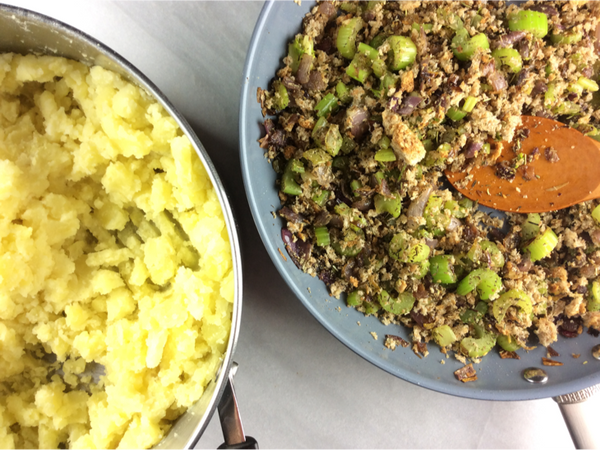 Savory Make Ahead Stuffing - this savory potato stuffing recipe is an old fashioned family recipe, updated with a few healthy twists