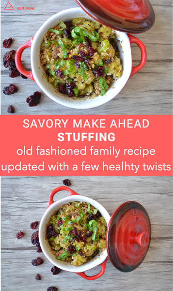 Savory Make Ahead Stuffing - this savory potato stuffing recipe is an old fashioned family recipe, updated with a few healthy twists