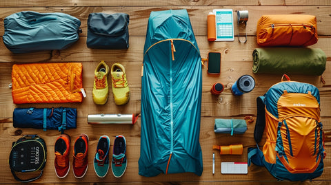 A neatly organized flat lay of essential items to pack for Tomorrowland, including a lightweight tent, sleeping bag, comfortable shoes, rain poncho, reusable water bottle, sunscreen, power bank, and a small backpack, displayed on a wooden surface with labels and a checklist.