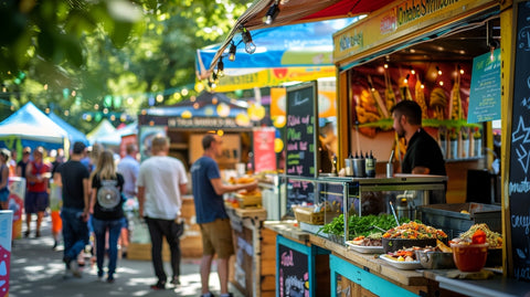 A variety of food stalls and drink stands at Tomorrowland, bustling with activity. Festival-goers queue up and enjoy diverse cuisine from gourmet dishes to quick bites, with colorful food trucks and signage in the vibrant festival backdrop.