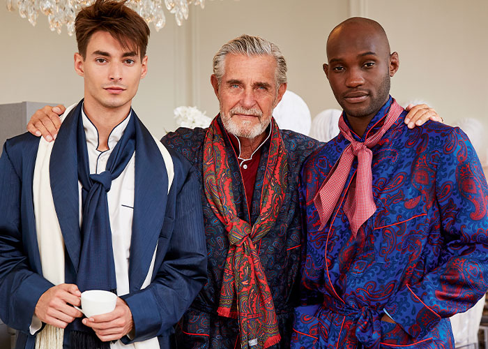 Models wearing Budd silk dressing gowns, pyjamas and silk scarves