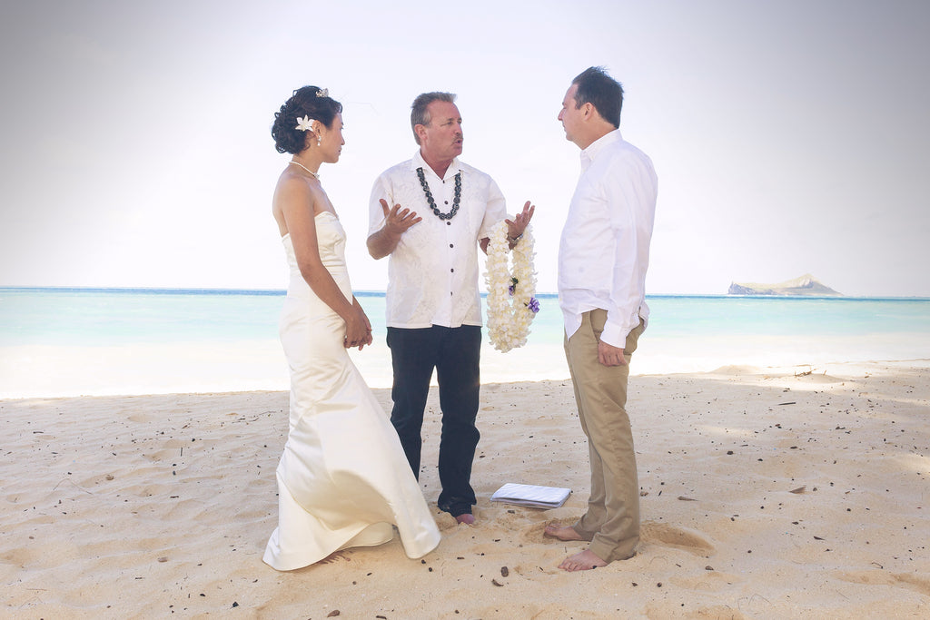 Waimanalo Beach Wedding. Bride and Groom plus Minister