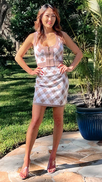 Cher Preppy Plaid Zip-Up Mini Skirt Set - Taupe/White