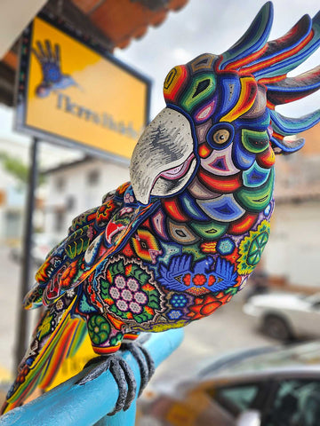 Guacamaya en arbol intervenida con arte wixárika de chaquiras coloridas afuera de galeria tierra huichol