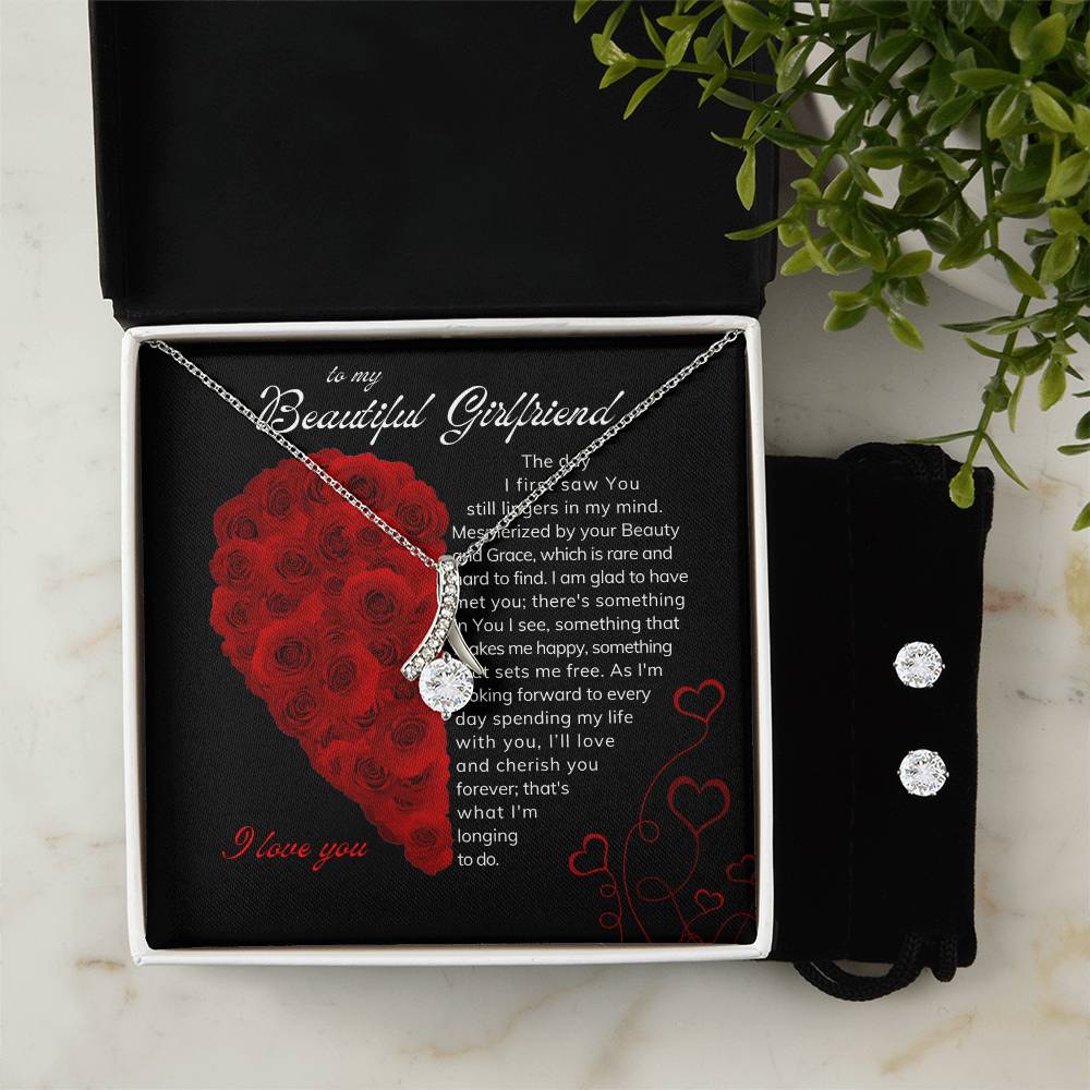 Alluring Beauty Necklace & Earrings Set in14K White Gold,18K Yellow Gold or Stainless Steel with Cubic Zirconia in luxury Box with LED Spotlight