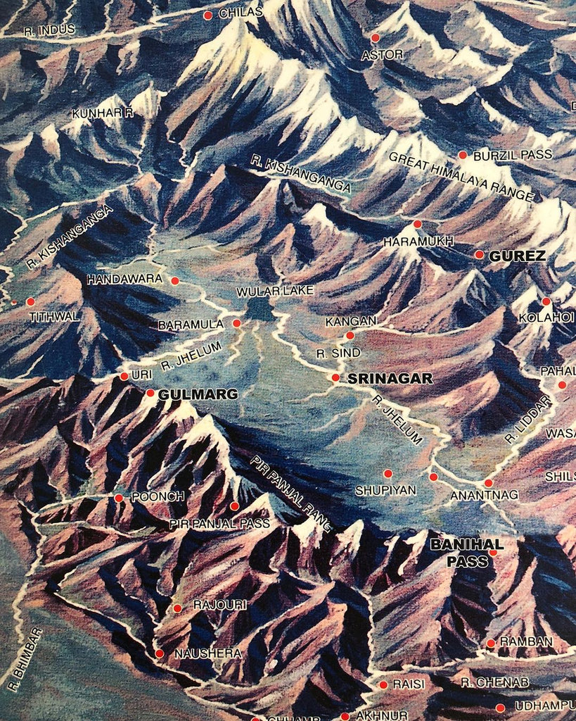 Map showcasing the geographical features of the Kashmir Valley, Pir Panjal Range, Great Himalayas, and Karakoram Mountains in the Indian subcontinent.