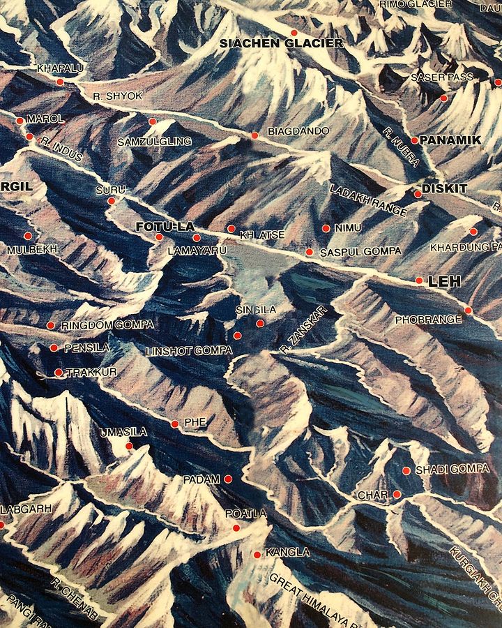 Map highlighting the Ladakh Range, Karakoram Mountains, Siachen Glacier, Baltoro Glacier, regions like Skardu and Gilgit, and the summit of K2 in the Indian subcontinent.