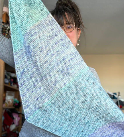 Cathrine showing her finished Duology Scarf.