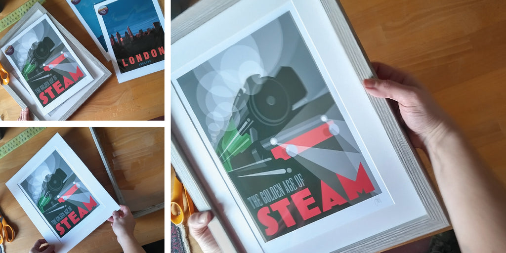 Shows a framed version of The Golden Age Of Steam by Georgina Westley.