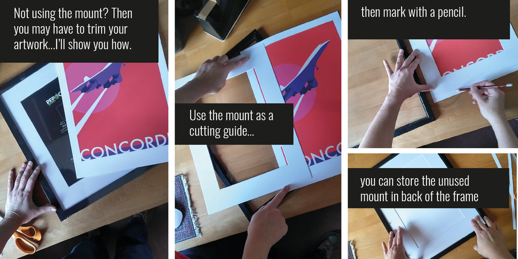 A set of three images showing how to frame a Concorde art print whilst not using the mount.