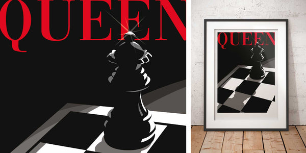 Art print showing a chess piece of the queen on a black and white chessboard with the title Queen written in red.