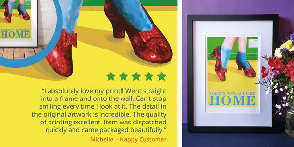 There's No Place Like Home art print featuring the iconic ruby slippers that Judy Garland wore in the film. The floor is the yellow brick road and the walls are emerald city green.