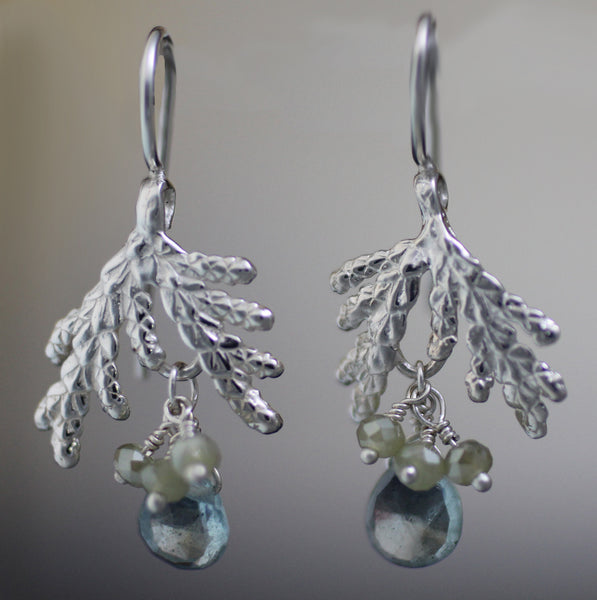 Sterling Silver Cedar Spray Earrings - Nature Jewelry 
