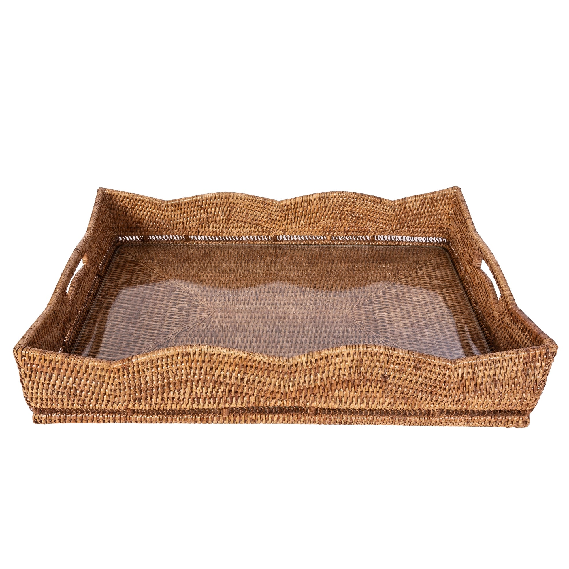 Wauwinet Rattan Scalloped Rectangular Tray With Glass Insert