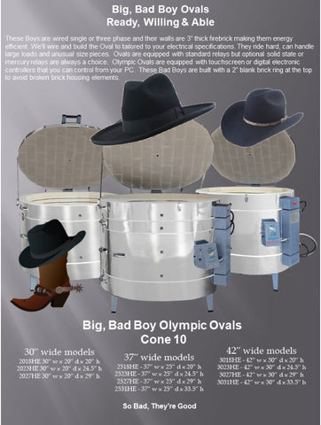Parody image to promote the Olympic Kilns Oval Series putting some of the kilns in cowboy hats and boots to imply they are big, bad boys that can handle anything