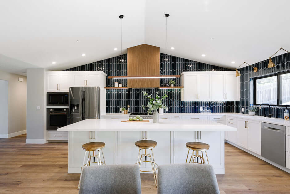 a vaulted ceiling above a kitchen