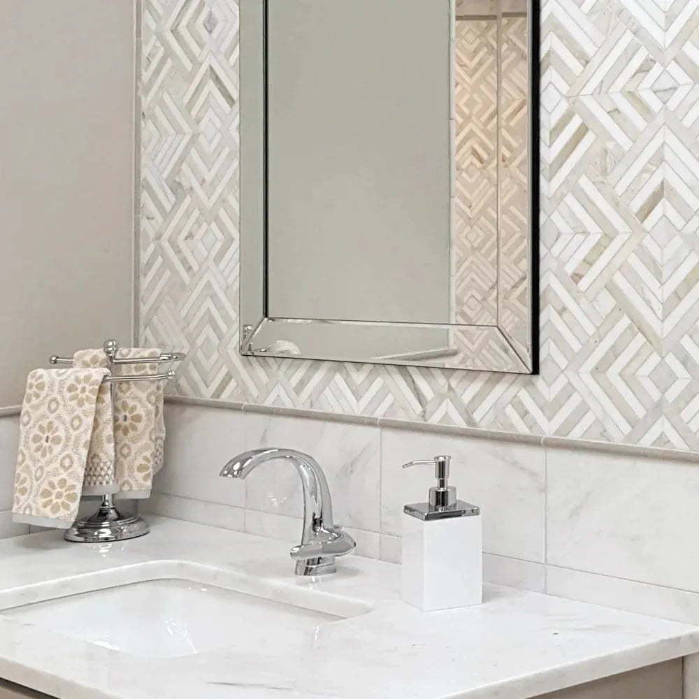 Cityscape Calacatta Gold & Thassos Polished Basketweave Mosaic Tile