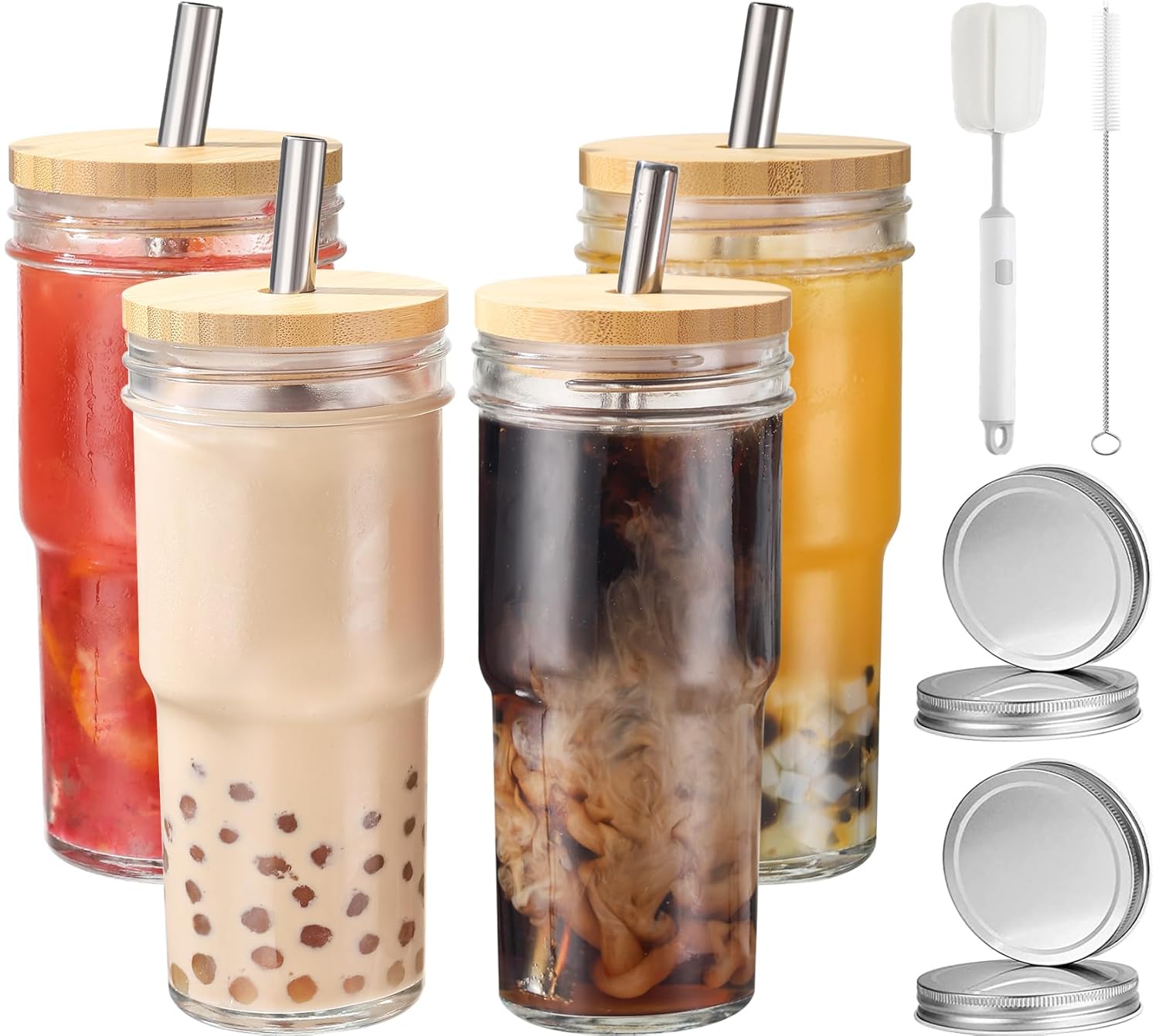 4 Pcs 24 oz Glass Cups With Bamboo Lids and Straws & 4 Airtight Lids, Reusable Smoothie Cups Mason Jar Drinking Glasses Iced Coffee Cups Glass Tumbler for Bubble Tea, Juice, Gift
