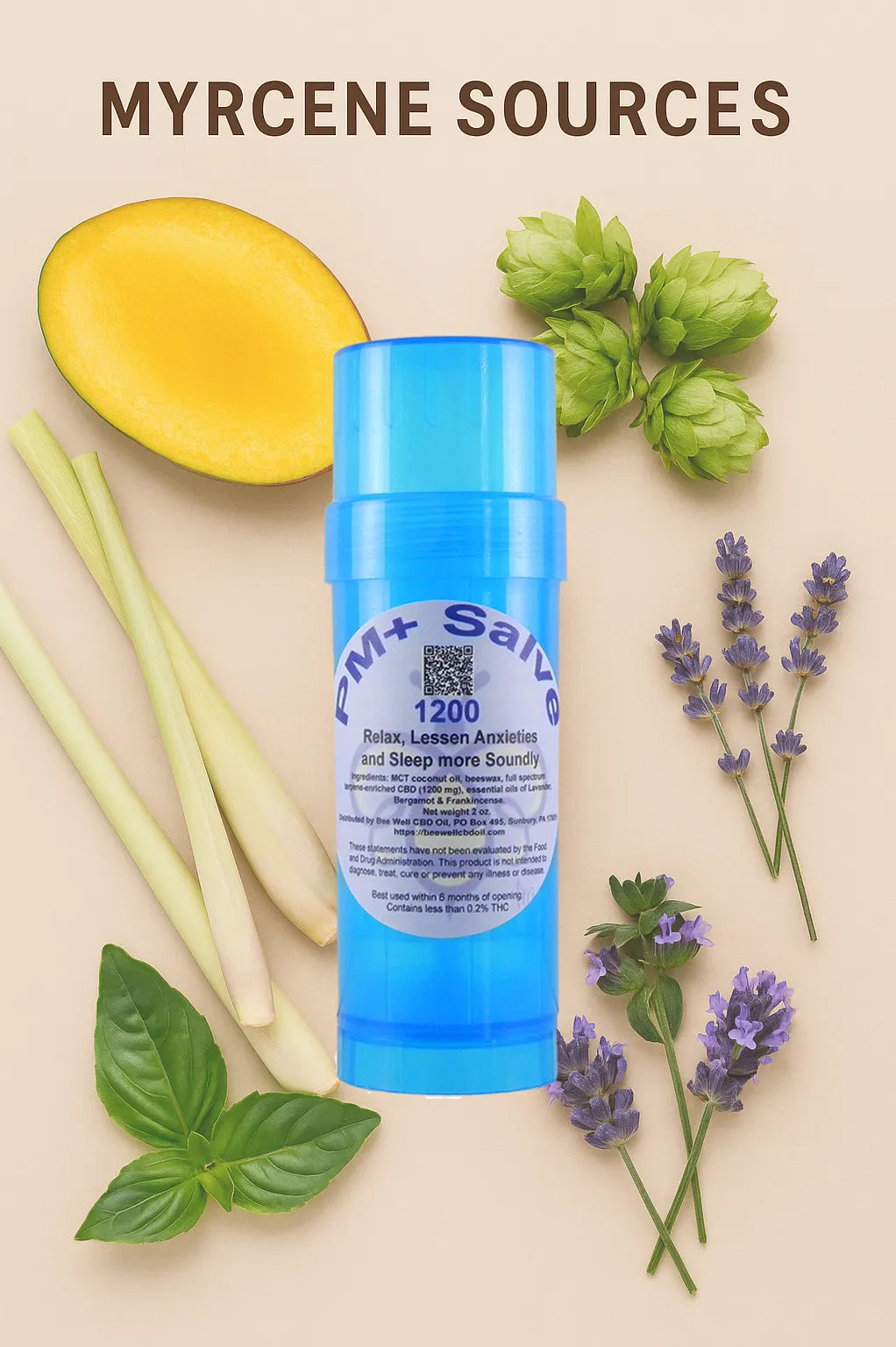 Myrcene sources: mango, hops, lemongrass, basil with PM+ Sleep Salve