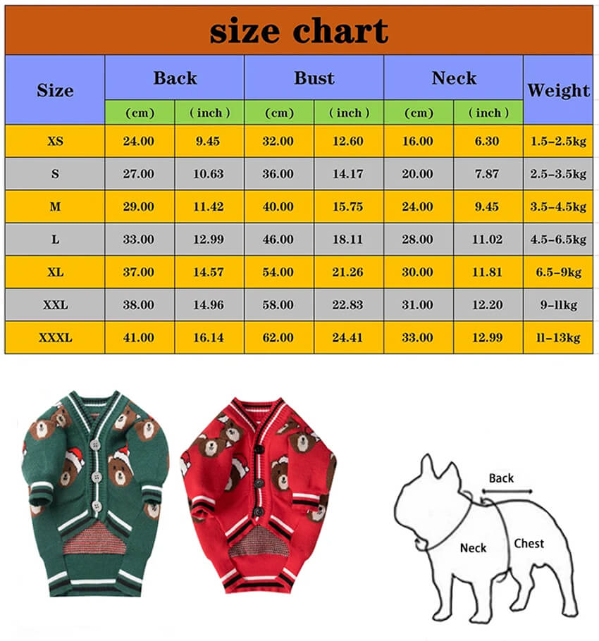 Frenchie Christmas cardigan size chart.