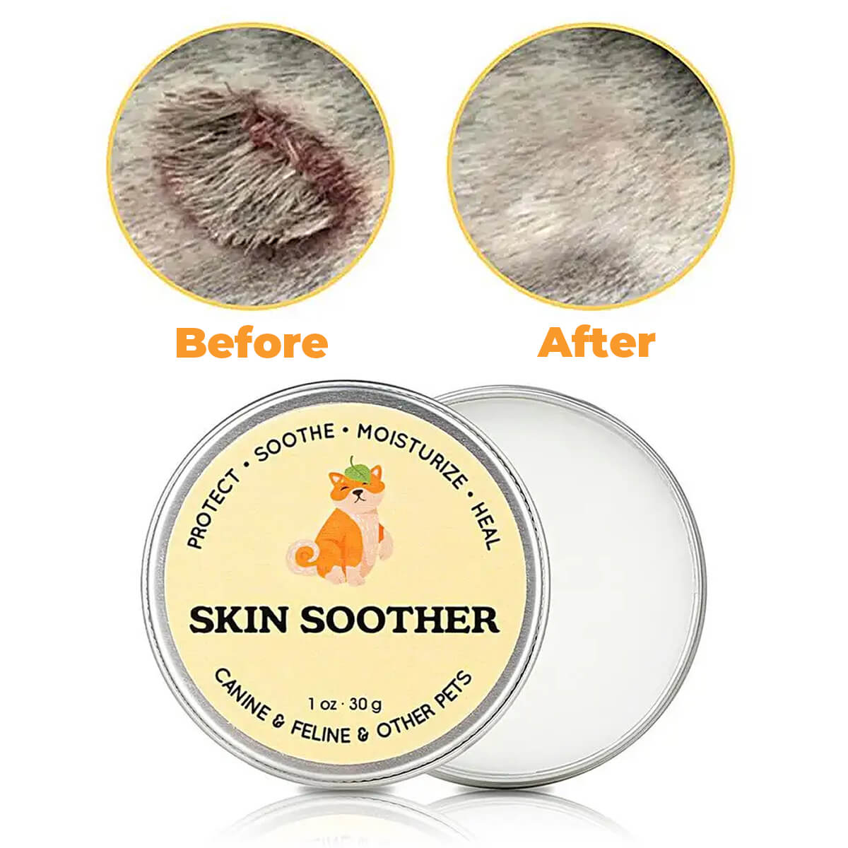 Can of French Bulldog Skin Sooth Balm with dog skin shown before and after use