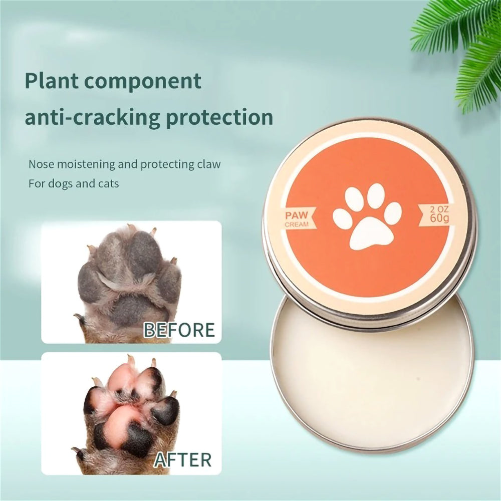 Tin can of PawSoothe Natural French Bulldog Balm and two thumbnails showing paws before and after usage