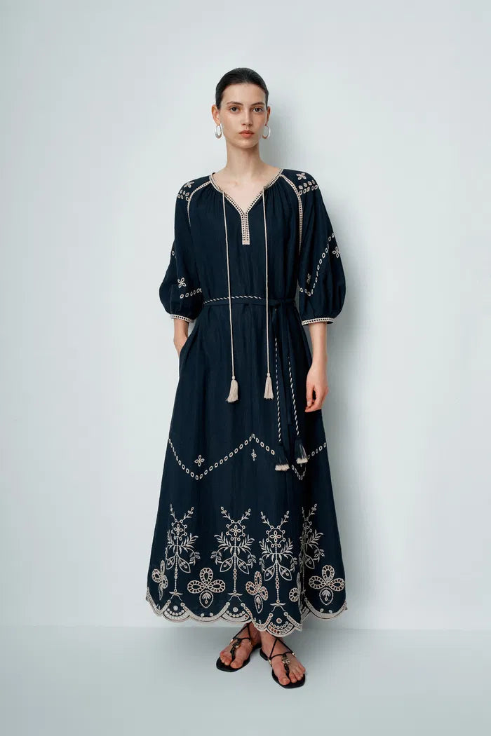 Antonia Embroidered Robe Dress in Linen Blend