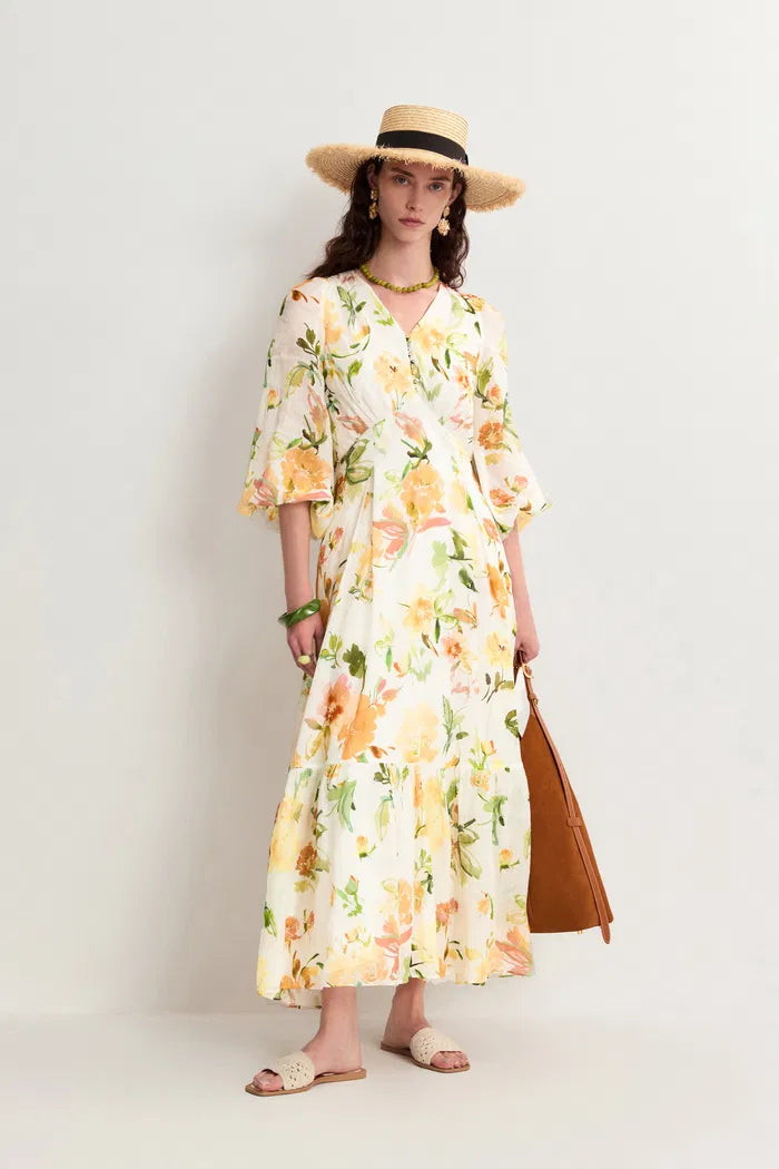 Whitney Flora Lantern Sleeve Maxi Dress in Ramie