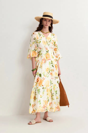 Whitney Flora Lantern Sleeve Maxi Dress in Ramie
