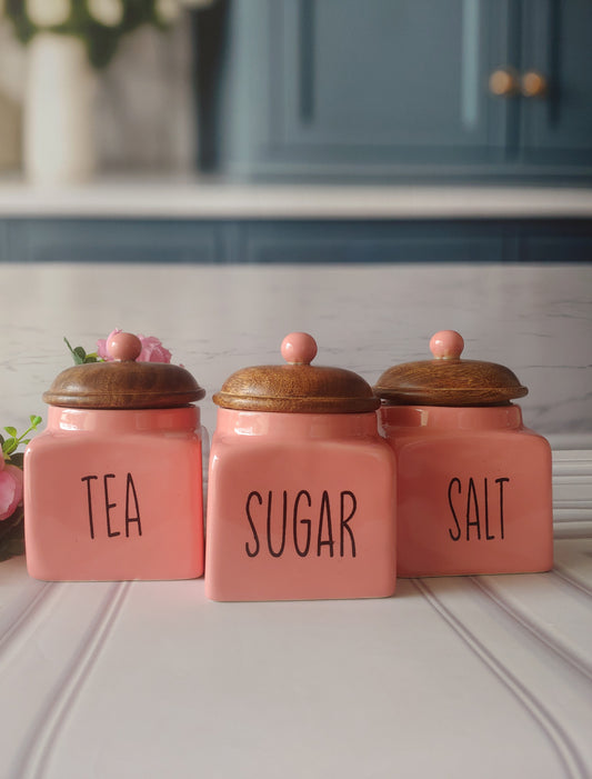 Pinkish Shine Square Solid  Tea , Sugar , Salt Ceramic Canisters 500 ml