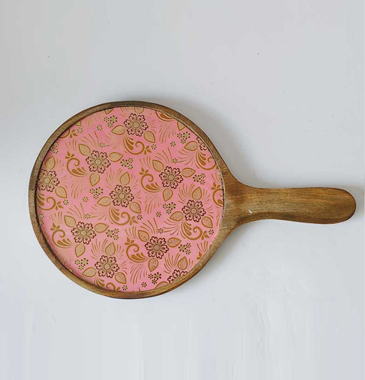 Pink Floral Wooden Pizza Platter - Grey Pottery